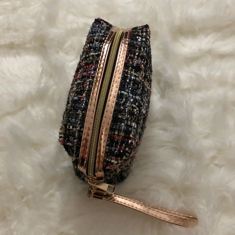 Tweed Cosmetic Bag / Makeup Pouch with Wristlet Sparkling Bag & Removable strap